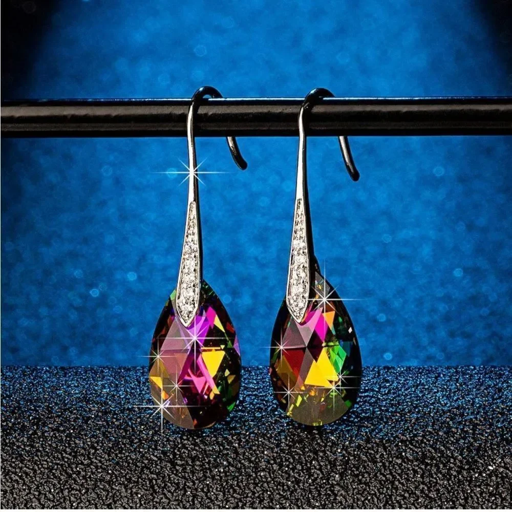 14K White Gold with Vitrail Medium Austrian Crystal Teardrop Drop Hook Earrings